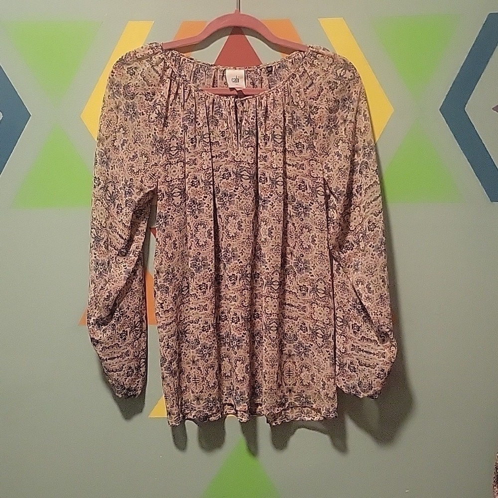 Cabi Women's Sheer Drawstring Floral Boho Blouse Size Extra Small